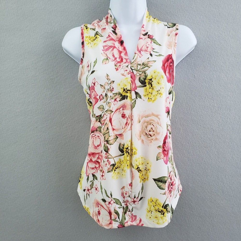 By Design Women Small Sleeveless Blouse White Pink Yellow Floral V-Neck Stretch